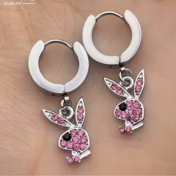 Pink Playboy Rhinestone Charm Bunny Lolita Earrings - Picture 1 of 2